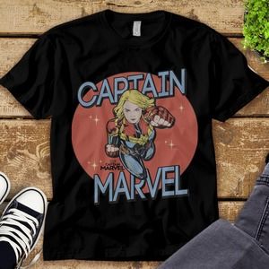 Captain Marvel Red Spot Action Pose Logo Graphic Cartoon Style Unisex T-shirt